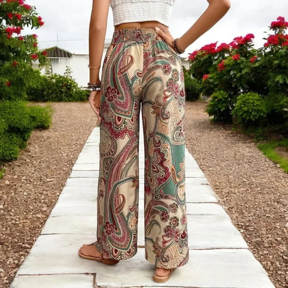 🆕️XL Boho Bliss 🌸✨ - Trendy Paisley Wide-Leg Pants with Tassel Tie and Pockets - Picture 4 of 12
